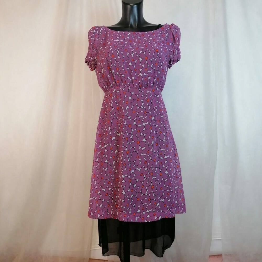 Romeo Gigli, abito trasparente a fiori viola con sottoveste - immagine 2