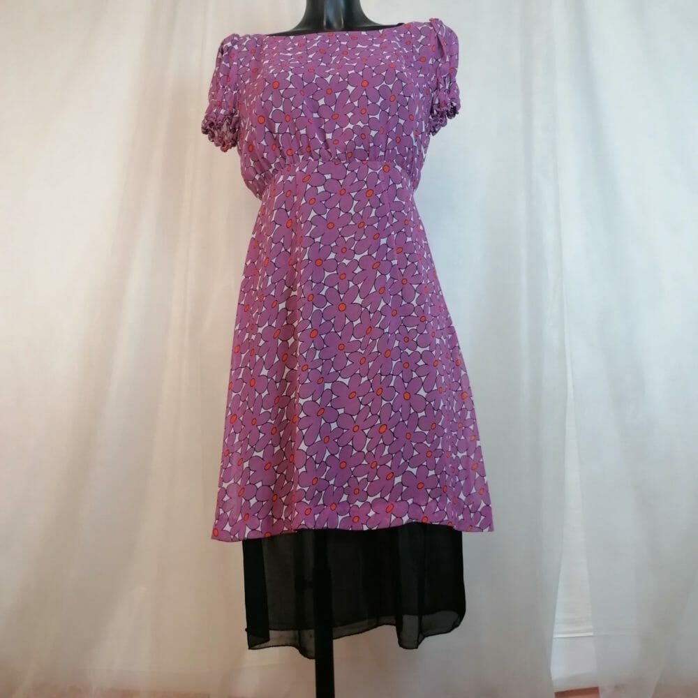 Romeo Gigli, abito trasparente a fiori viola con sottoveste - immagine 4