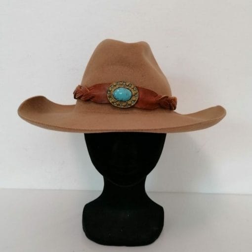 Cappello di feltro con fascia di pelle intrecciata rimovibile e turchese vintage