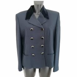 giacca blu vintage doppiopetto dettagli in ciniglia