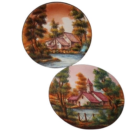 Set di piatti in Ceramica di Camastra, dipinti a mano con paesaggi autunnali. Perfetti per chi ama l'arte e la tradizione siciliana.