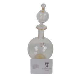 Bottiglia in vetro Murano Effe Due con collo stretto, pancia larga e rifiniture in oro zecchino. Pezzo da collezione unico, perfetto per ogni ambiente.