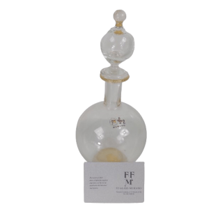 Bottiglia in vetro Murano Effe Due con collo stretto, pancia larga e rifiniture in oro zecchino. Pezzo da collezione unico, perfetto per ogni ambiente.