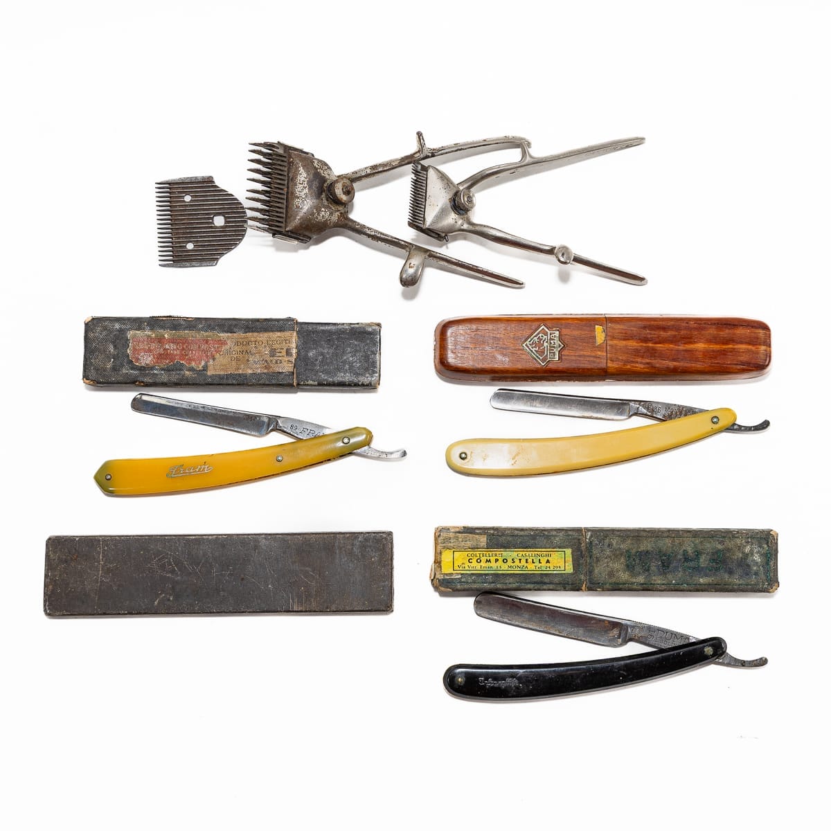 Utensili da barba d'epoca Solingen, Puma, Castor. Lotto 7 rasoi a mano libera vintage + 2 tosatrici manuali d'epoca. Ideale per collezionisti!