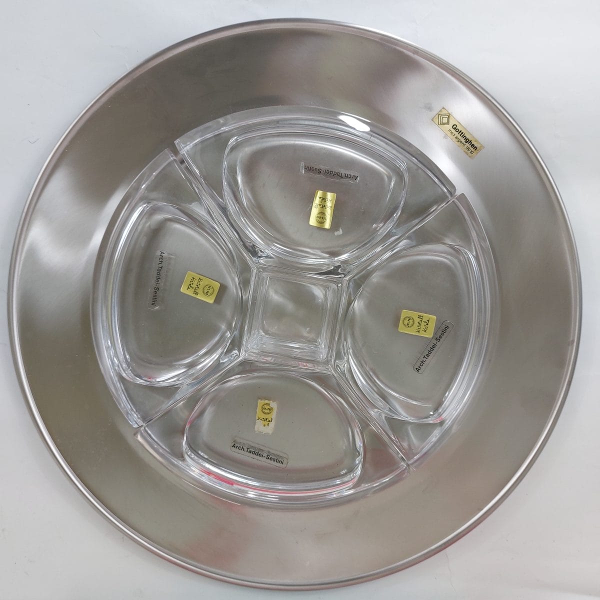 Gottinghen antipastiera in inox e cristallo Kristall Kriola, design Taddei Sestini. Elegante vassoio vintage con etichette originali, perfette condizioni.