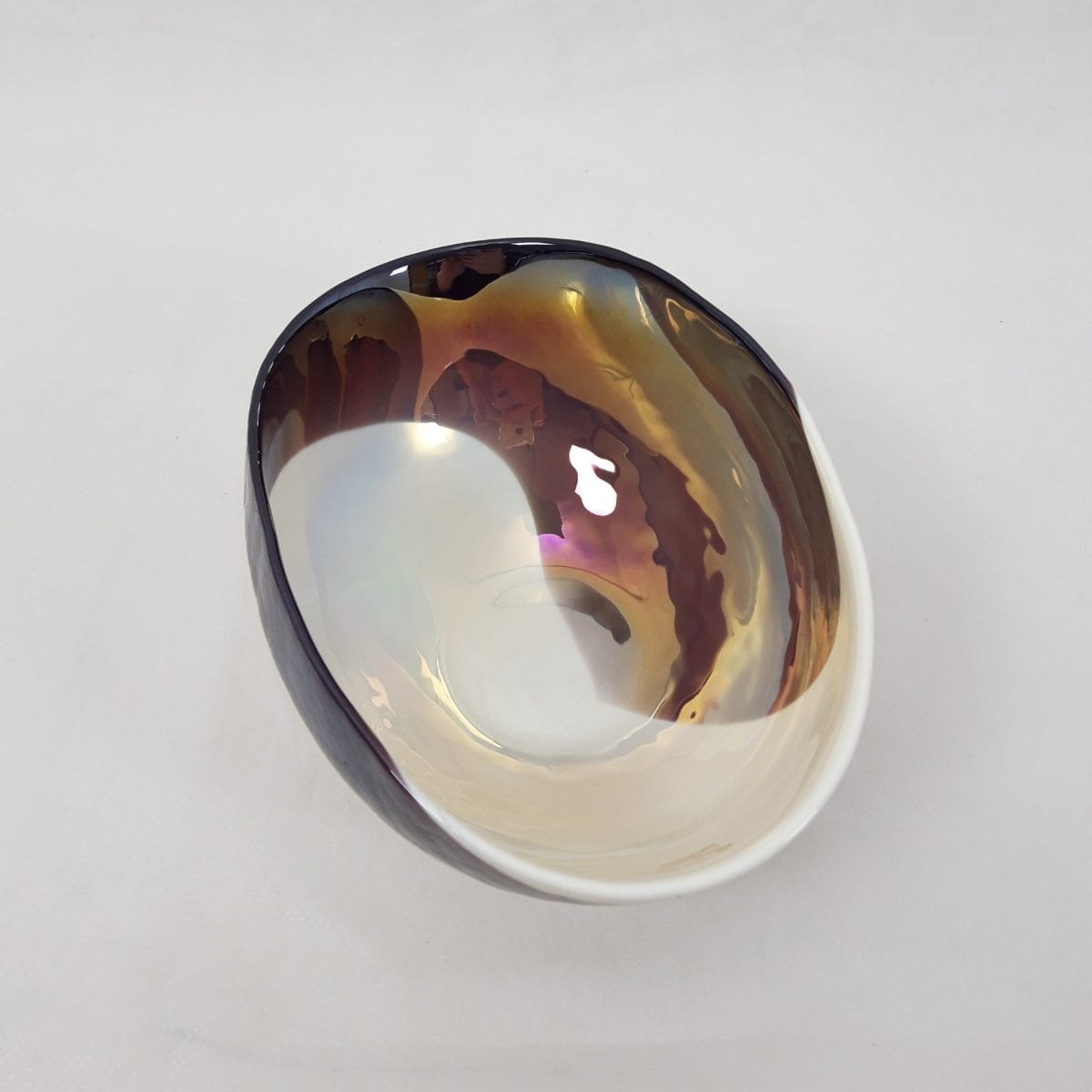 Elegante Yalos Murano Ciotola Cartoccio Leopardo con murrine, spirale ambra ed effetto madreperla. Pezzo unico, artigianale perfetto come centrotavola.
