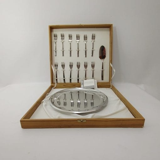 Morinox servizio posate vintage con 12 forchettine, paletta e piatto in cofanetto originalein legno. Eleganza retrò con marchio e garanzia Morinox.