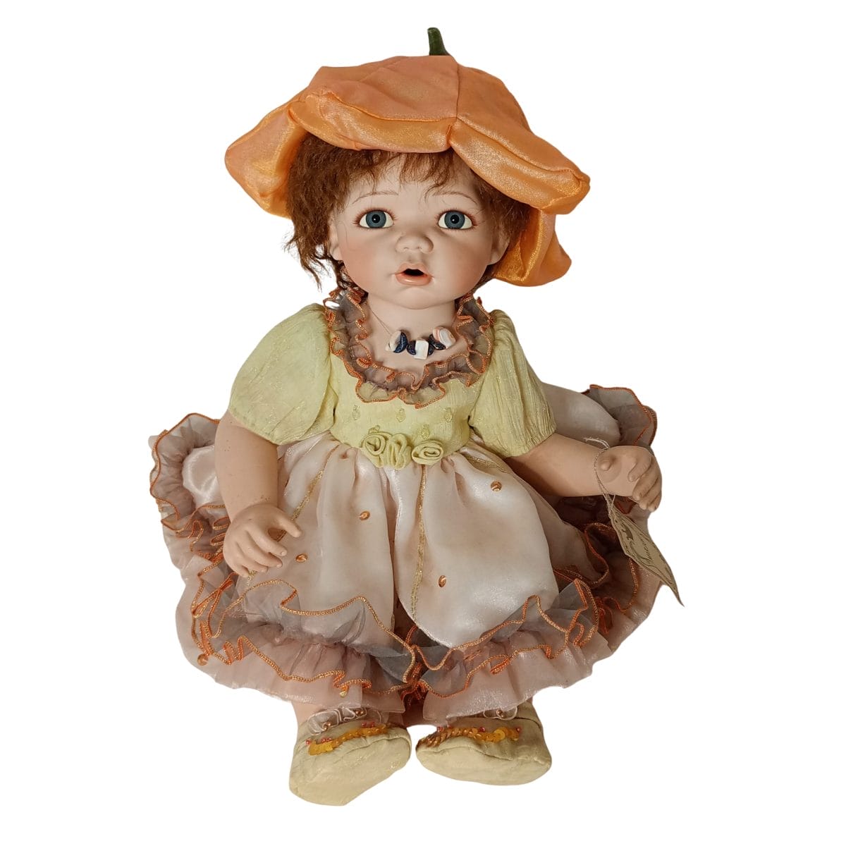 Oncrown bambola di porcellana modello Marjory da collezione, con etichetta, abiti originali, viso dipinto a mano, occhi azzurri e capelli ramati.