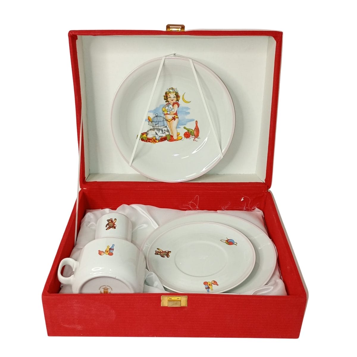 Set pappa vintage Risolì in porcellana anni '60. Cinque pezzi con disegni di bambina. In scatola di velluto rosso. Ottime condizioni. Ideale per regalo.