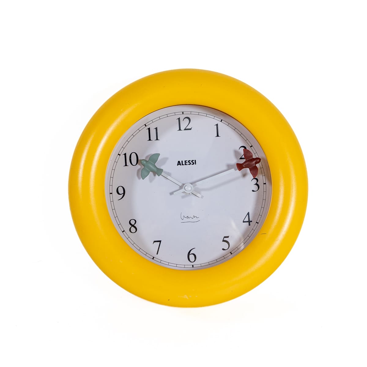 Orologio Alessi White Bird di Michael Graves da parete, design postmoderno del 1992. Plastica gialla con uccellini sulle lancette. Ottime condizioni.