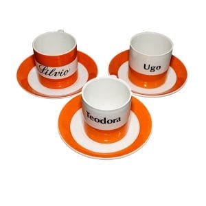 Set di 3 Tazze Ovomaltina vintage anni '70 con piattino. Gadget pubblicitario personalizzato in ceramica Fontebassa Treviso.