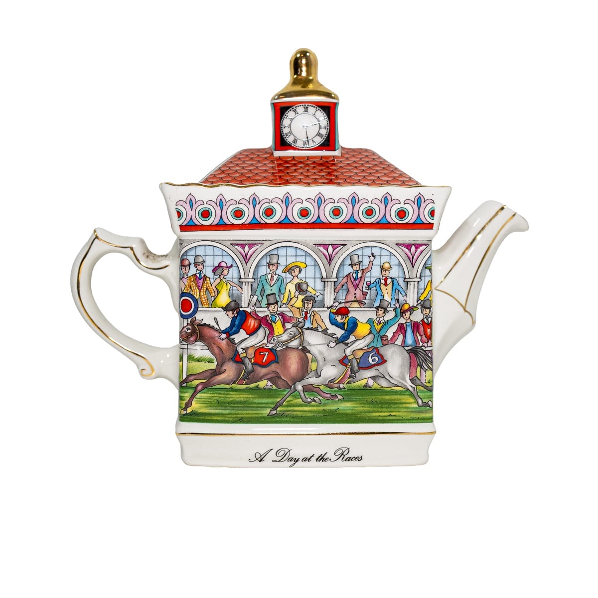 Teiera Sadler vintage "A Day at the Races" (Championships). Ceramica dipinta a mano, design ippica anni '80. Ottime condizioni, perfetta per collezionisti.