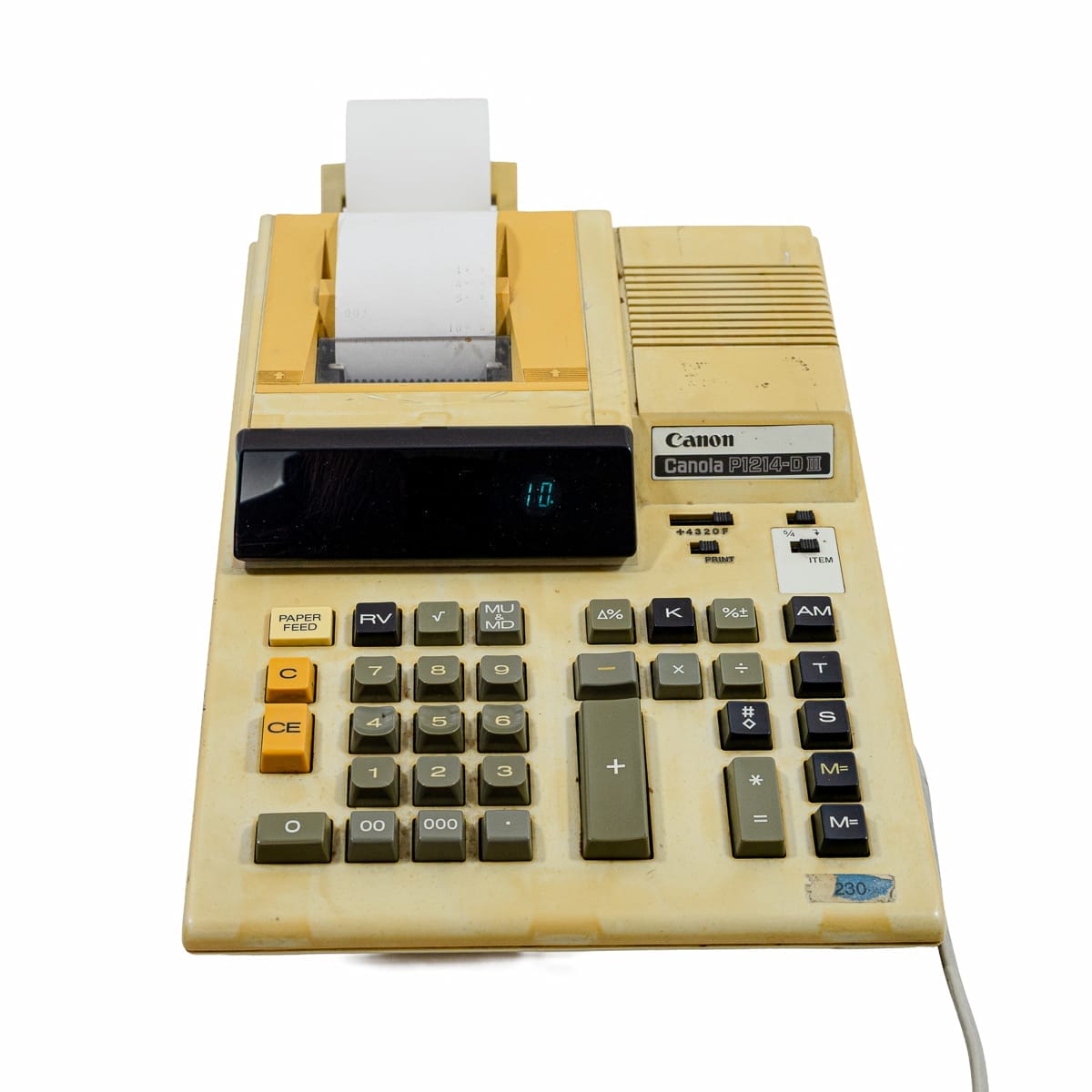 Acquista ora la calcolatrice Canon Canola P1214 vintage. Modello elettrico anni '70/'80 con stampante e display fluorescente. Pezzo da collezione unico!
